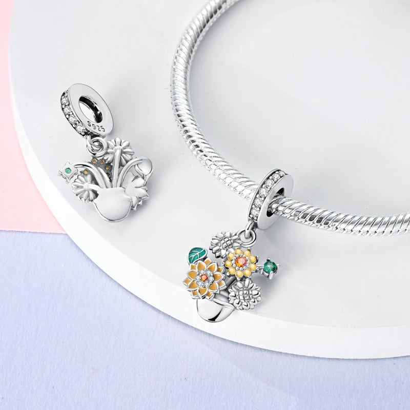 Sterling Silver Heart Sunflower Charm Pendant For Bracelet