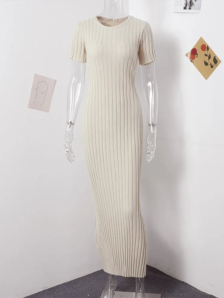 Knitted Women Long Dress Short Sleeve Pleated Lady Dresses