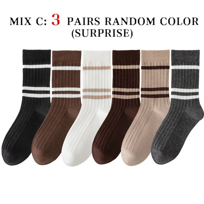 3 Pairs Soft Combed Cotton Crew Socks Women Stripes