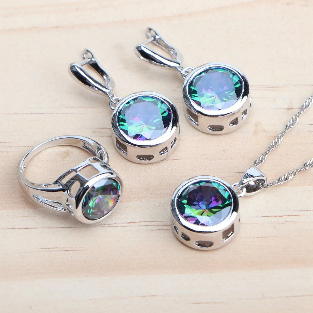 925 Sterling Silver Bridal Jewelry Set with Magic Rainbow Zircon Stones