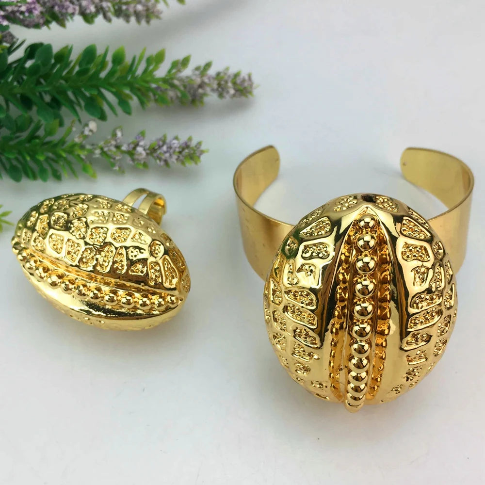 Elegant Gold-Plated Brazilian Jewelry Set for Women with Earrings, Ring, and Bracelet