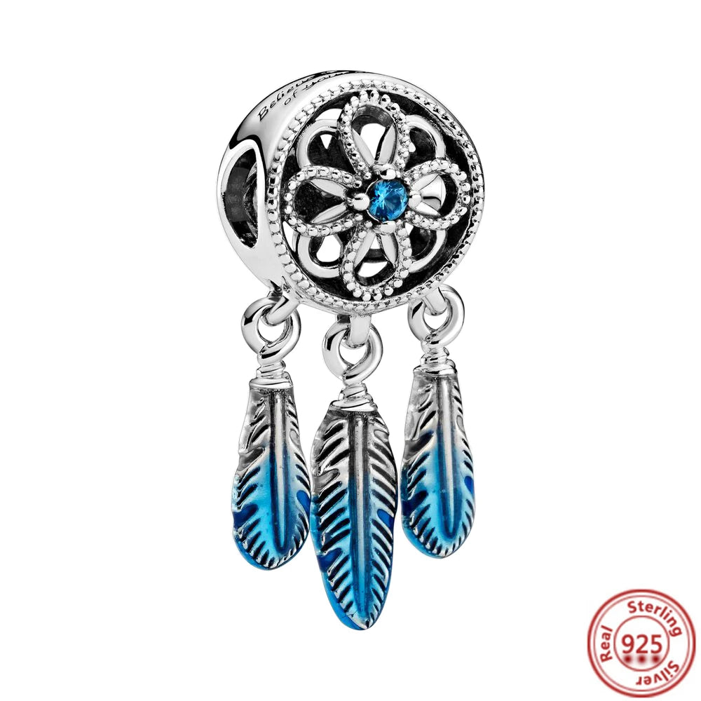 Sterling Silver Blue Zircon Feather Crown Moon Pendant Charm Bracelet Beads Y360 3mm-4mm