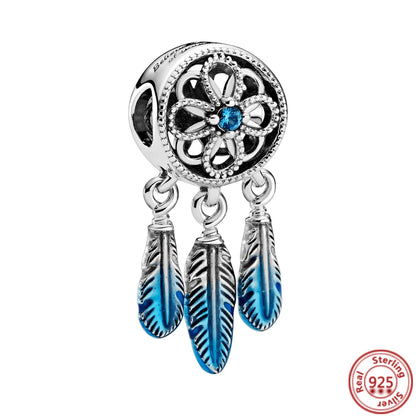 Sterling Silver Blue Zircon Feather Crown Moon Pendant Charm Bracelet Beads Y360 3mm-4mm