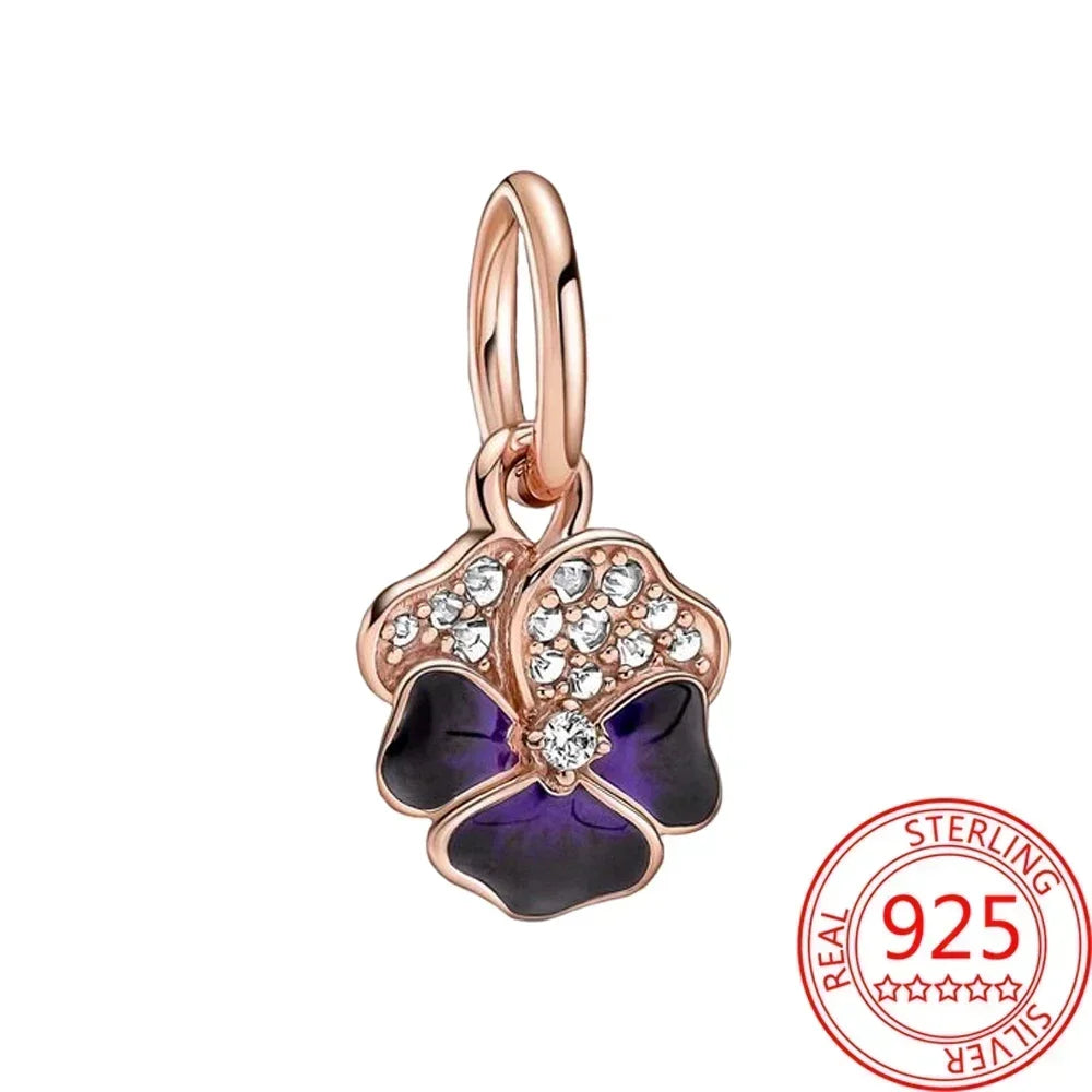Sterling Silver Purple Murano Pansy Flower Dangle Charm for Women Bracelet and Necklace Jewelry Gift