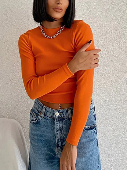Green Ribbed Cropped Top for Women Chic Slim Long Sleeve