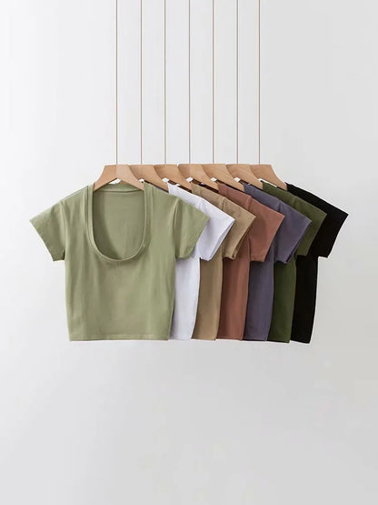 U Neck Crop Top High Waist Slim Solid Color Tee Street