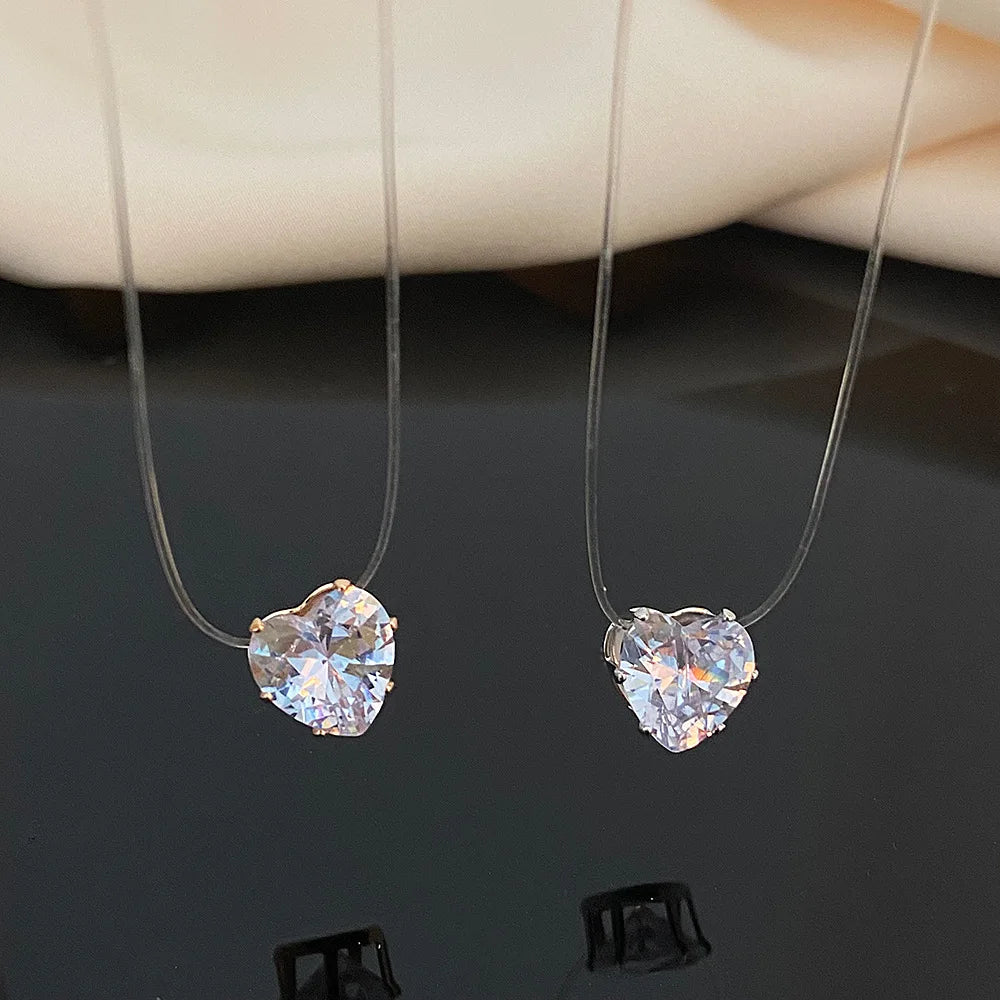 Elegant Invisible Heart Choker Necklace with Rhinestone Zircon for Women