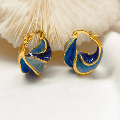 Gold Plated Enamel Wave Texture Hoop Earrings for Women