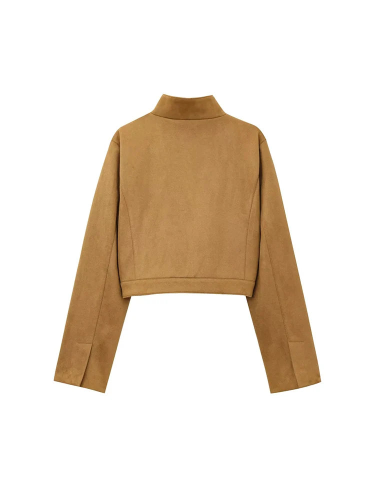 Brown Suede Stand Collar Short Jacket Zip Y2K Long Sleeve
