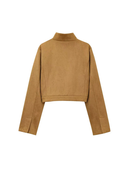 Brown Suede Stand Collar Short Jacket Zip Y2K Long Sleeve