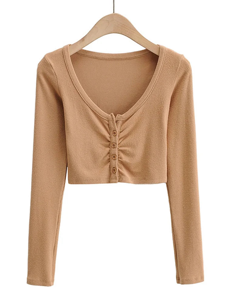 Slim V Neck Long Sleeve Cardigan Top For Women Open Navel