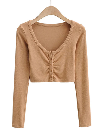 Slim V Neck Long Sleeve Cardigan Top For Women Open Navel