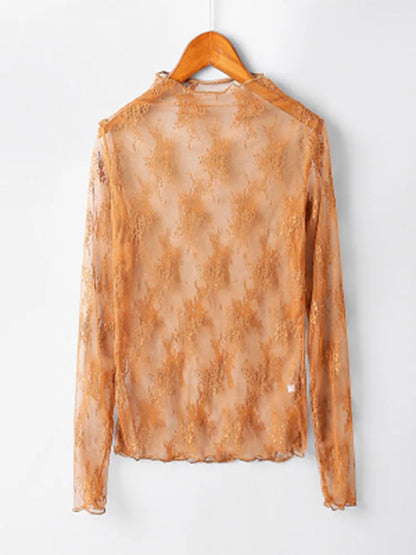 Summer Lace Embroidered Mesh Blouse See Through Black Top