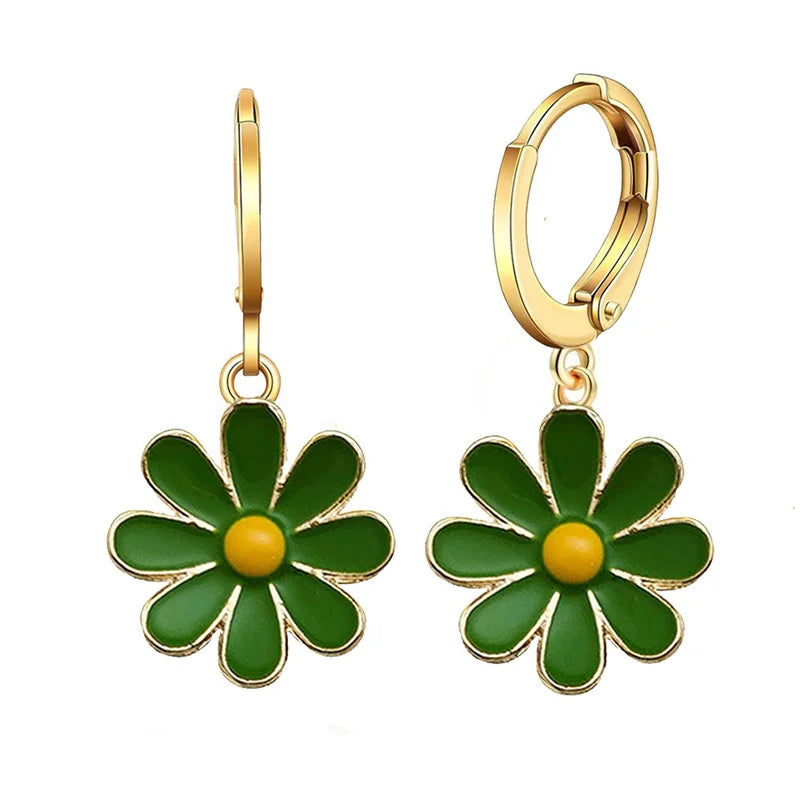 Vintage Daisy Flower Hoop Earrings with Delicate Enamel Sunflower Pendant for Women and Girls Summer Jewelry