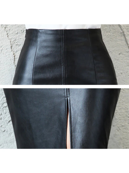 2024 Women PU Leather Midi Pencil Skirt Front Or Back Slit