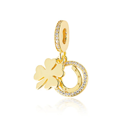 Golden Dragon Double Heart Dangle Charm Bead For 925 Bracelet