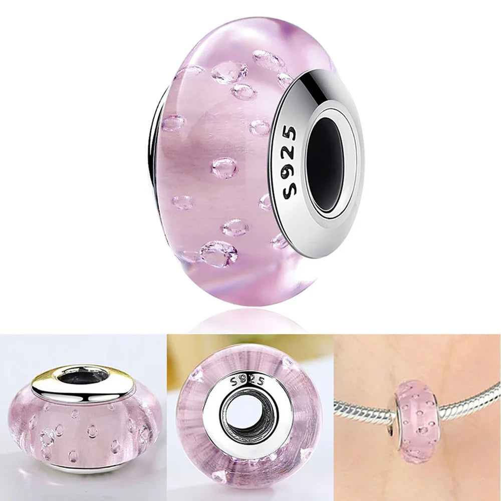 Colorful Flower Murano Glass Charm 925 Sterling Silver Top Rated DIY Jewelry for Bracelets and Necklaces LLZ016-PK