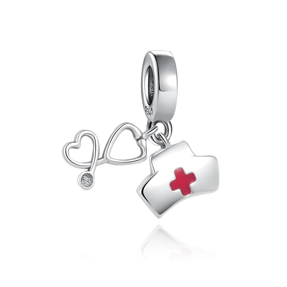 925 Sterling Silver Nurse Cross DIY Charms Beads Zircon
