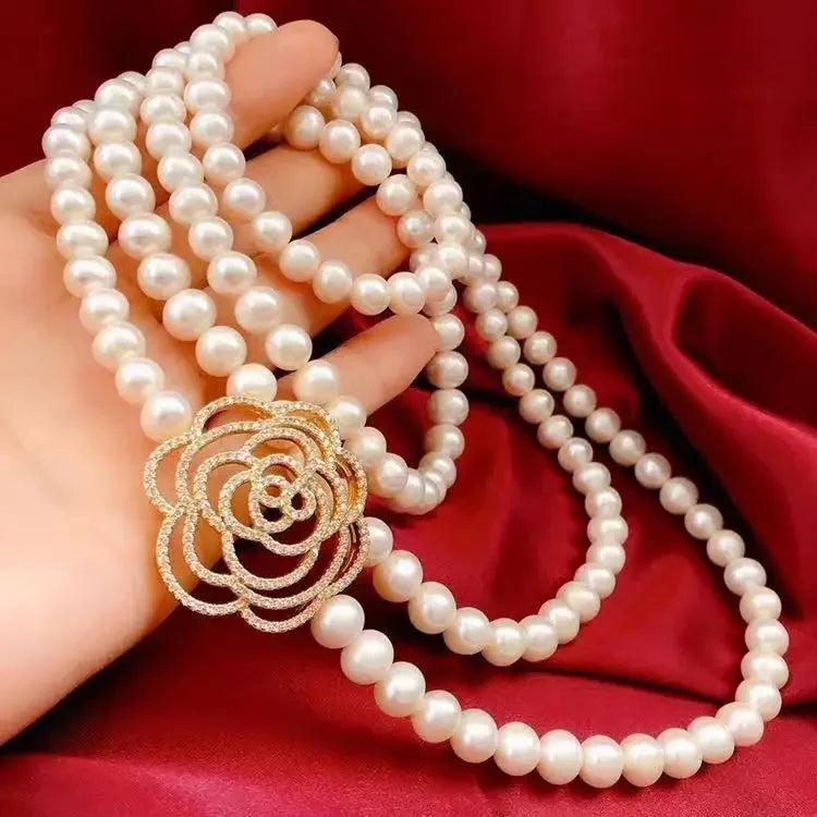 Luxury Camellia Pearl Necklace Long Versatile Sweater Chain for Women