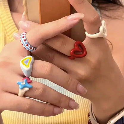 2025 Colorful Enamel Heart Sweet Ring Trendy Geometric Dripping Oil for Women