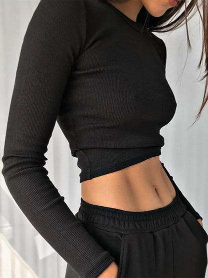 O Neck Long Sleeve Ribbed Cropped Top For Women Casual Slim