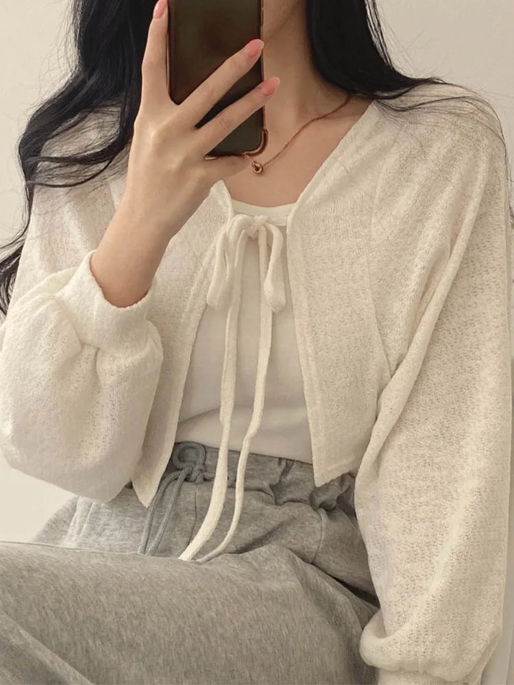 White Knit Cardigan Summer Sunscreen Korean Lantern Sleeve