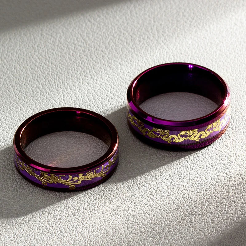 Purple Dragon Phoenix Stainless Steel Couple Rings for Wedding and Gift