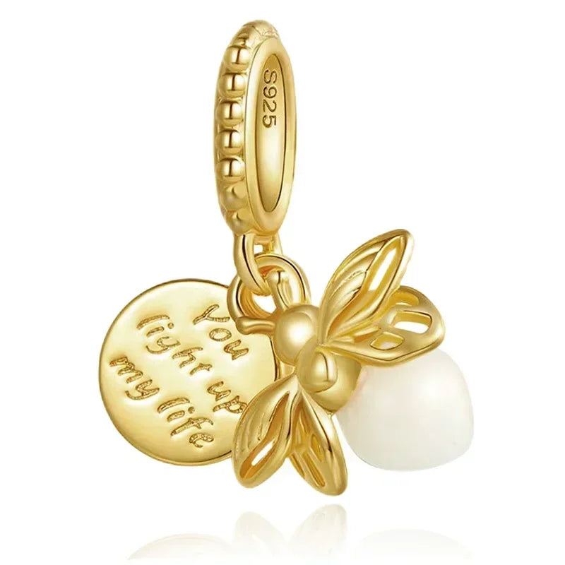 Authentic Luminous Firefly Bee Light Bulb Charm Ring Earrings 925 Sterling Silver DIY Jewelry Gift