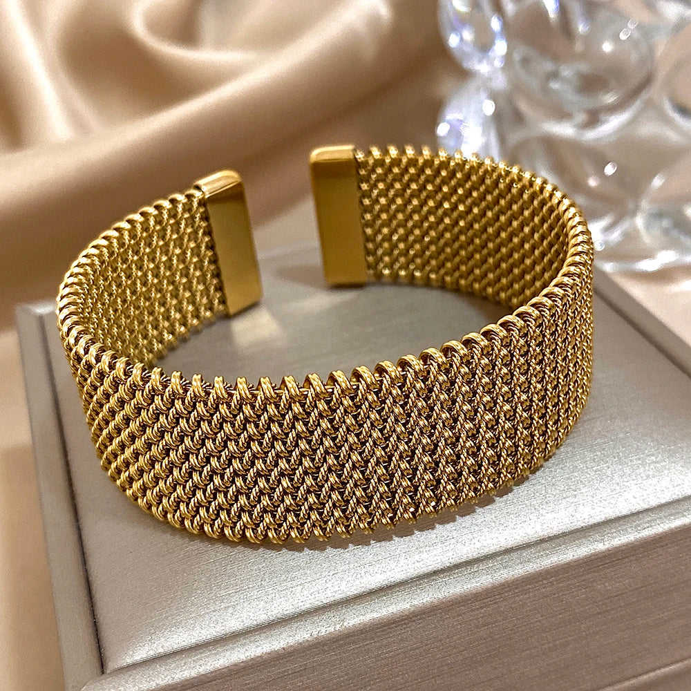Vintage Punk Stainless Steel Mesh Cuff Bracelet for Women and Men