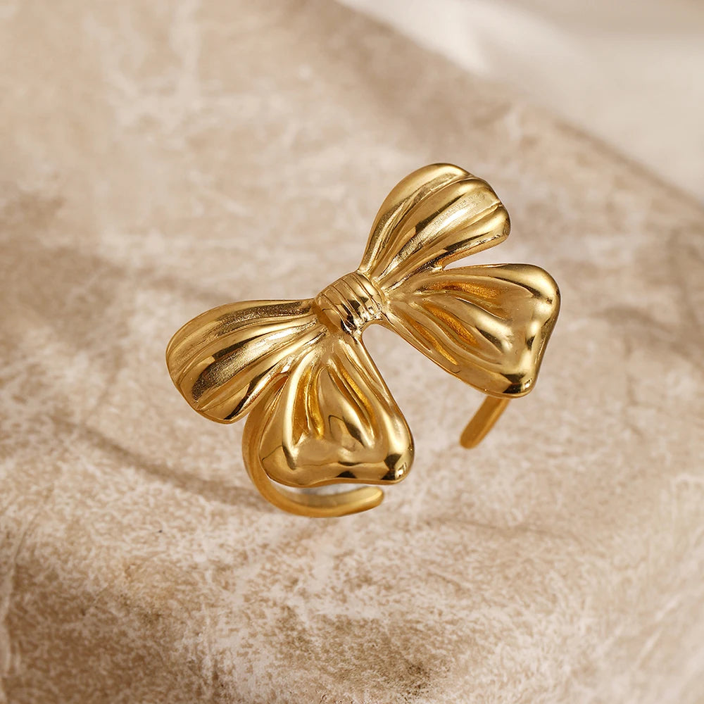 Elegant 18K Gold Plated Bow Ring for Women Stainless Steel Jewelry Gift