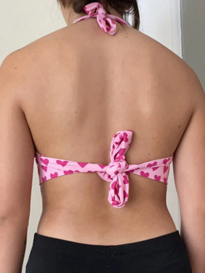Dozw Pink Heart Bustier Crop Top For Women Backless Lace Up