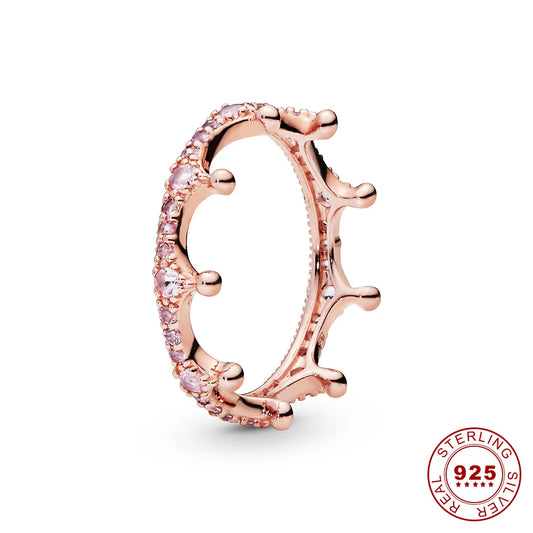 Crown 925 Sterling Silver Rose Gold Stackable Ring with Shiny Zircon for Women Perfect Wedding and Party Gift PAR007-C