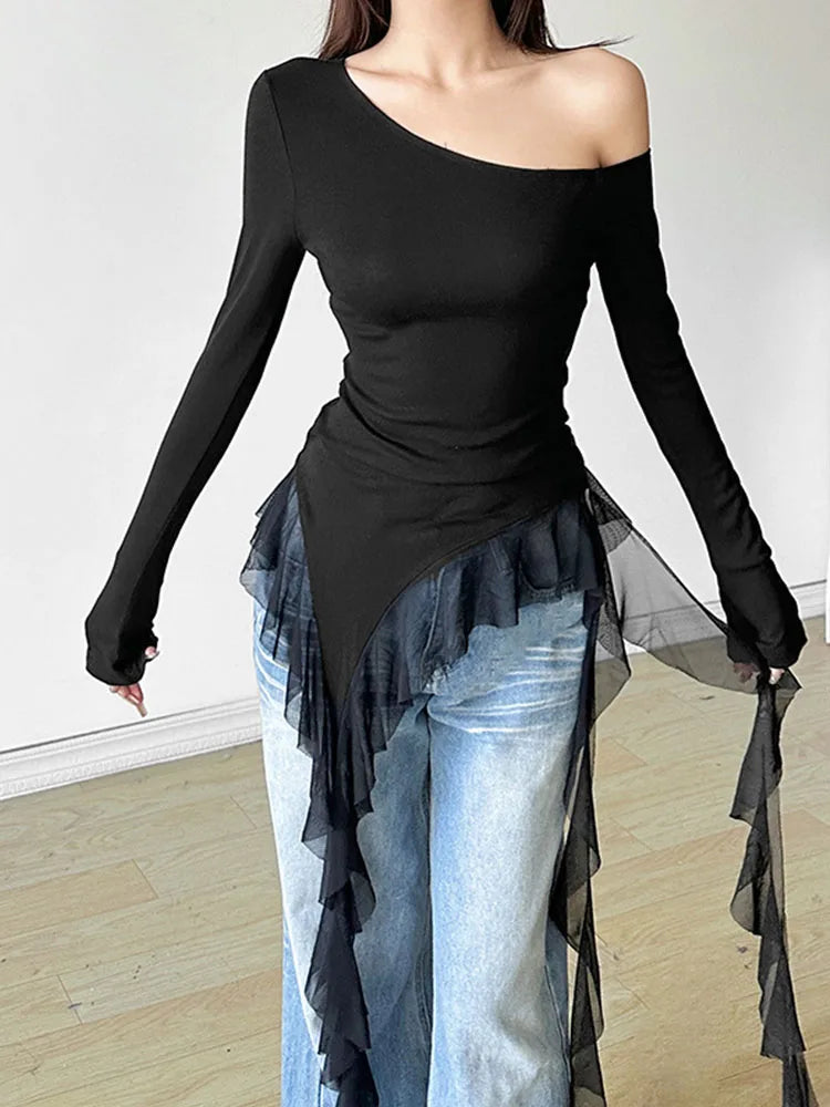 Y2K Aesthetic Gauze Patchwork Top With Skew Collar Harajuku