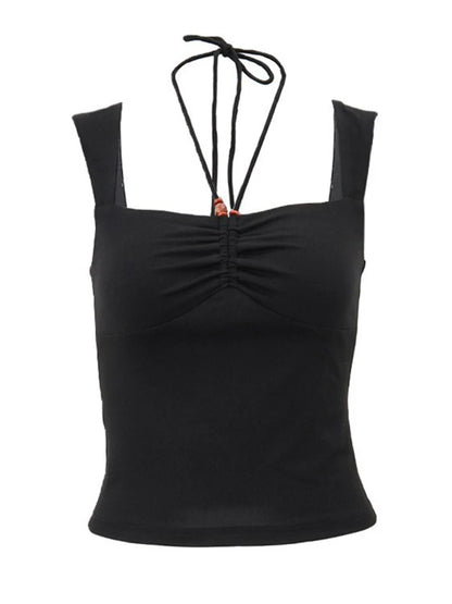 Vintage Black Square-neck Halter Tank Top Sexy Slim Pleated Backless Summer Crop Tops 2024 Women Sleeveless Bodycon Vest