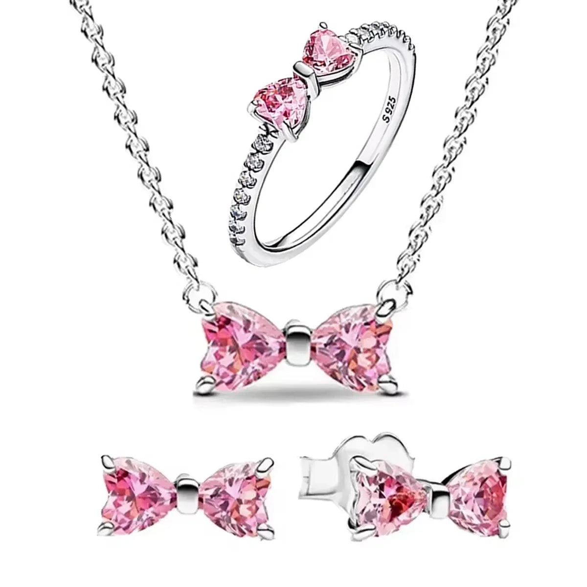 925 Sterling Silver Pink Bow Zircon Jewelry Set Necklace Earrings Bracelet DIY Gift for Women
