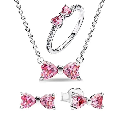 925 Sterling Silver Pink Bow Zircon Jewelry Set Necklace Earrings Bracelet DIY Gift for Women