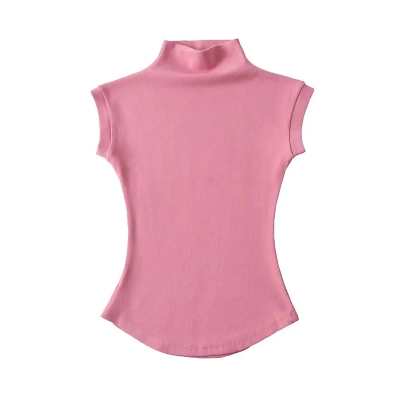 Women Summer Slim Fit Sleeveless Turtleneck Top Casual Solid Color Jersey Tee