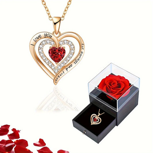 Luxury Red Zircon Pendant Necklace with Rose Flower Gift Box for Women Golden