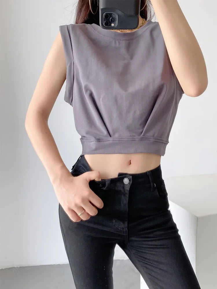 Dozw Women Solid Color Crop Tank Top O Neck Cotton Blend