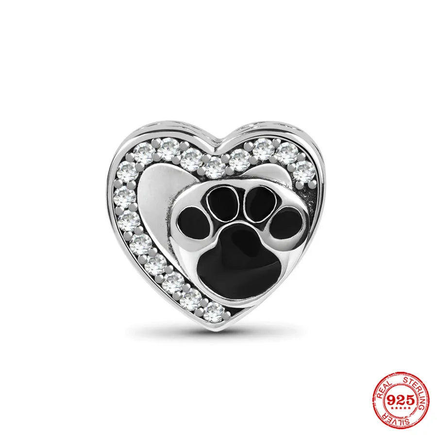 Sterling Silver Paw Print and Bone Charm Bead for Pet Bracelet Jewelry B2563