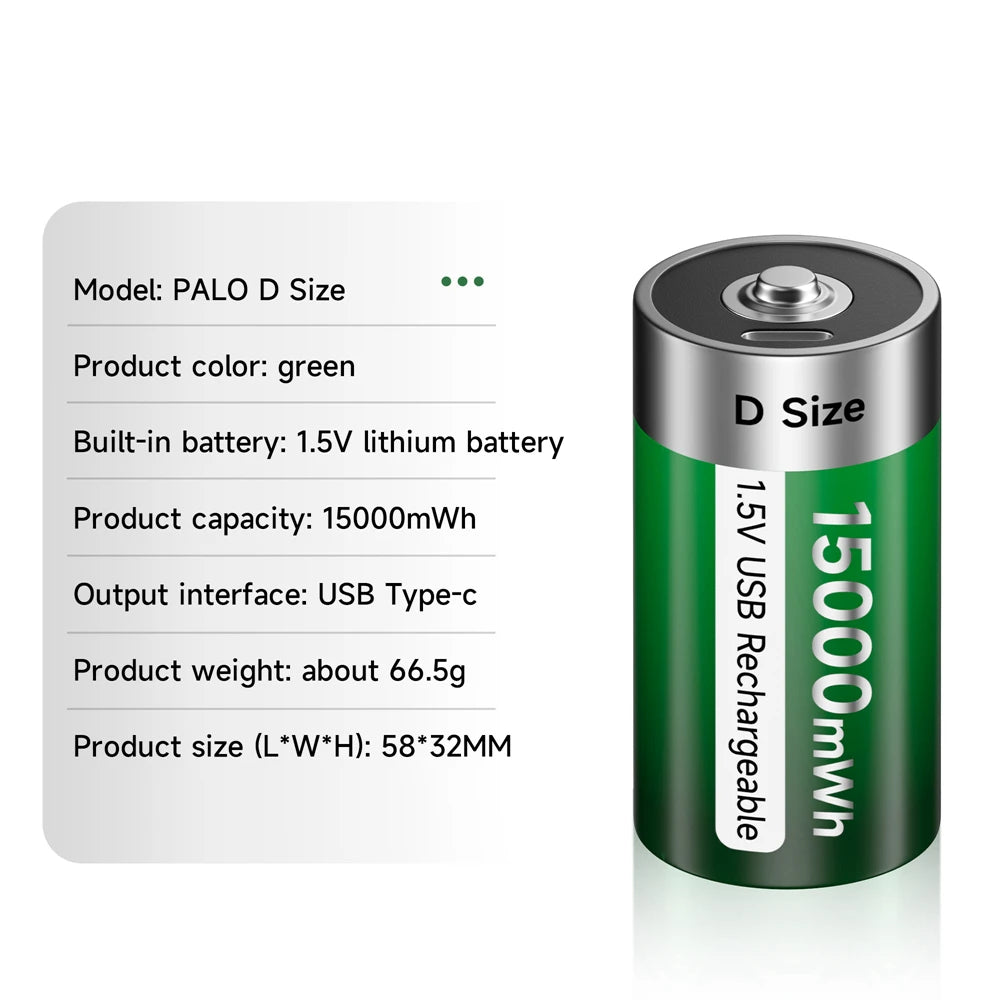 1.5V USB LR20 Battery Rechargeable R20 15000mWh D Size Type Batteries with Type-C Cable