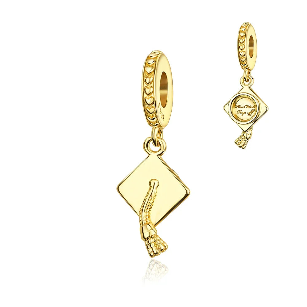 925 Sterling Silver Graduation Mortarboard Charm with Zircon Beads for DIY Bracelet Fine Jewelry Gift