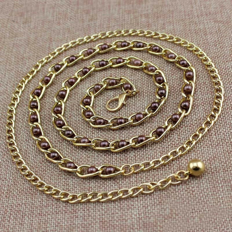 Women Pearl Thin Metal Waist Chain Belt Versatile Fashion