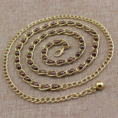 Women Pearl Thin Metal Waist Chain Belt Versatile Fashion