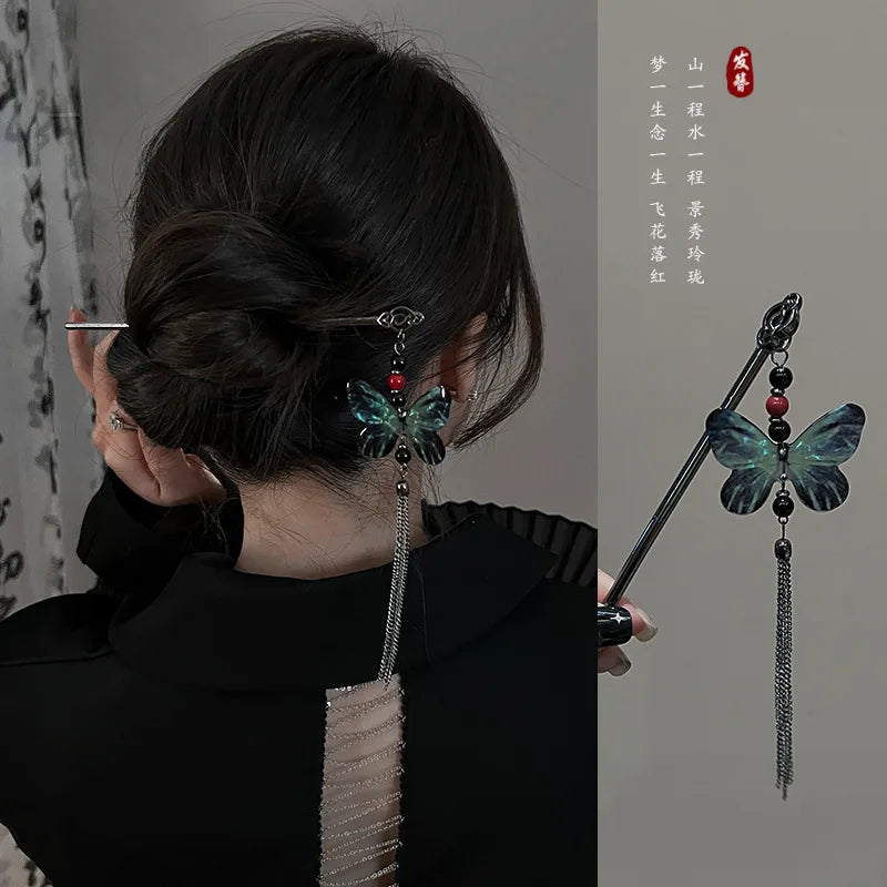 Elegant Ink Flower Tassel Hairpin Forks for Women - Modern Hanfu Hair Jewelry with Black Beads Fringe