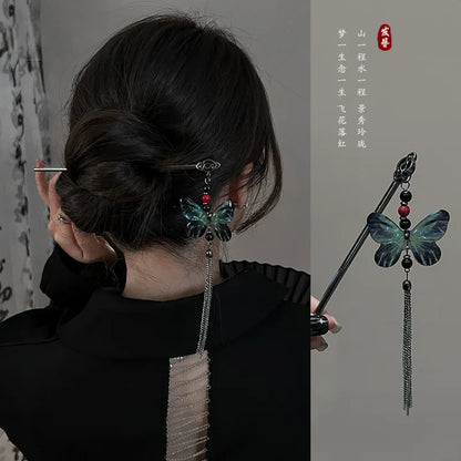 Elegant Ink Flower Tassel Hairpin Forks for Women - Modern Hanfu Hair Jewelry with Black Beads Fringe