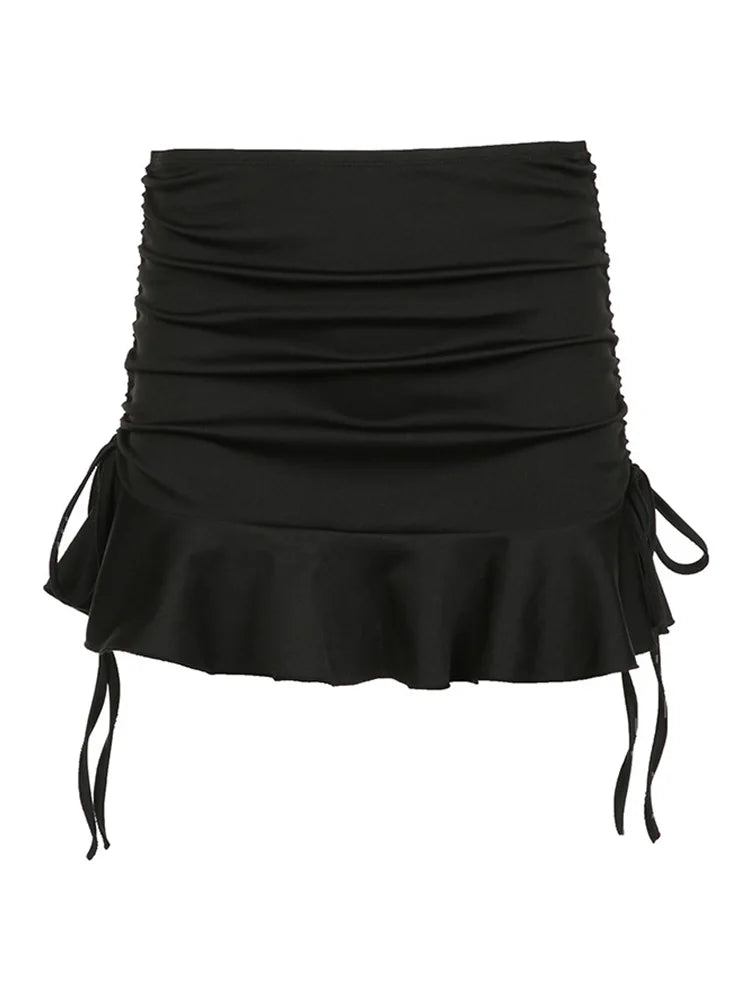 Low Waisted Ruffles Mini Skirt Black Drawstring Y2K Summer