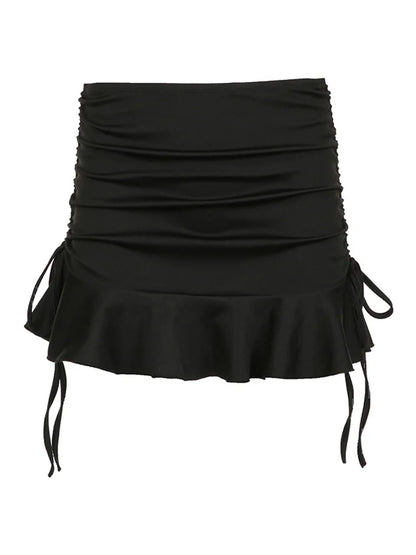 Low Waisted Ruffles Mini Skirt Black Drawstring Y2K Summer