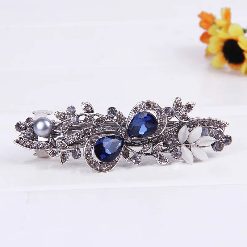Elegant Red Crystal Flower Bow Hairpin With Vintage Blue Rhinestones