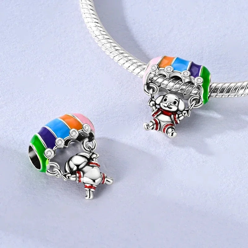 Sterling Silver Cat and Flower Heart Charm for DIY Bracelet Jewelry KTC1674